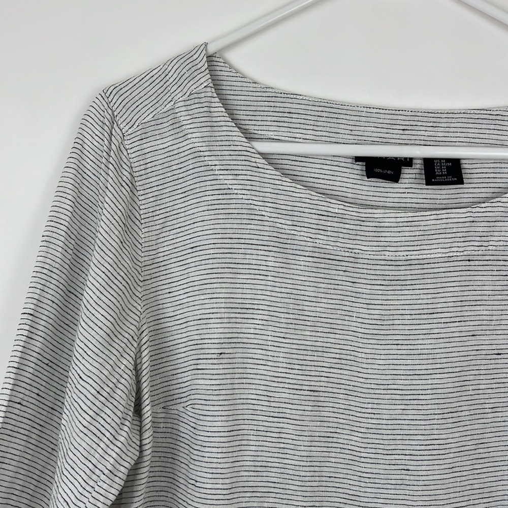 TAHARI 3/4 sleeve pullover top thin black stripes on white linen M - Picture 3 of 9